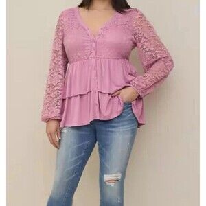 Torrid Plus 3X Pink Long Sleeve Babydoll Lace Trimmed Button Front Tiered Top